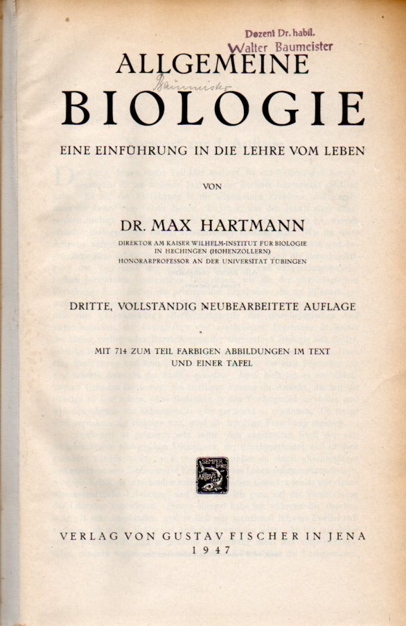 Hartmann,Max  Allgemeine Biologie.Eine Einführung in die Lehre vom Leben 