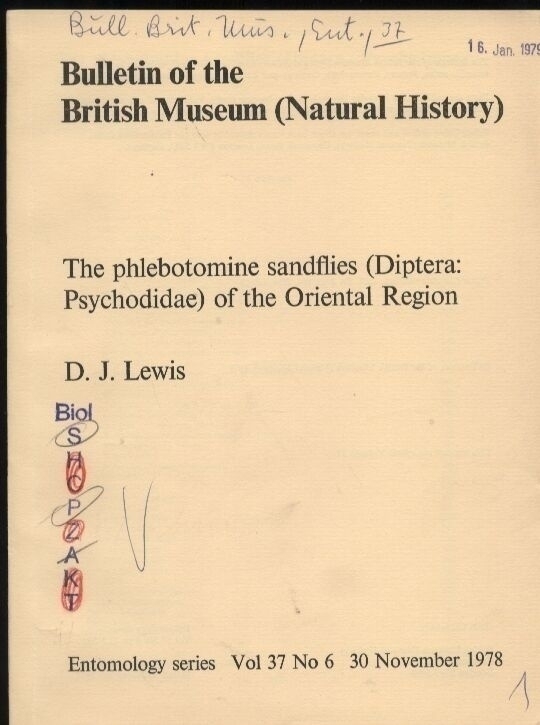 Lewis,D.J.  The phlebotomine sandflies (Diptera: Psychodidae) of the Oriental 