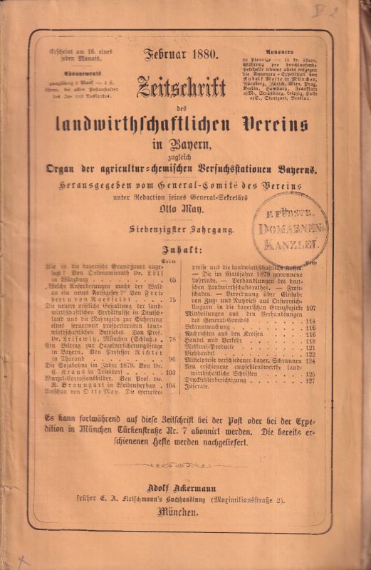 Landwirthschaftlicher Verein in Bayern  Zeitschrift.70.Jahrgang 1880.Hefte Januar bis Dezember (12 Hefte) 