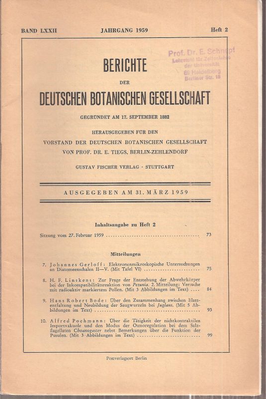Deutsche Botanische Gesellschaft  Band LXXII.Jahrgang 1959.Heft 1 bis 11 (10 Hefte) komplett 