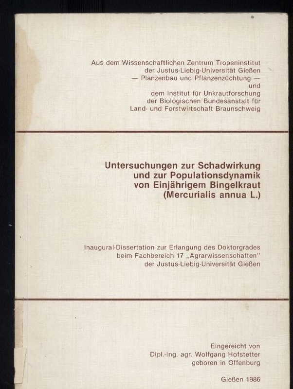 Hofstetter,Wolfgang  Untersuchungen zur Schadentwicklung und zur Populationsdynamik von 