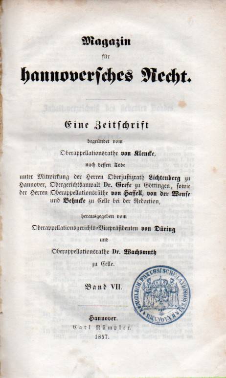 Magazin  für hannoversches Recht.Band VII.1857 