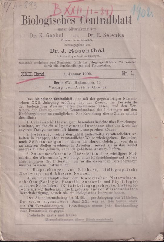 Biologisches Centralblatt  22.Band 1902.Nr.1 bis 24 (20 Hefte) 