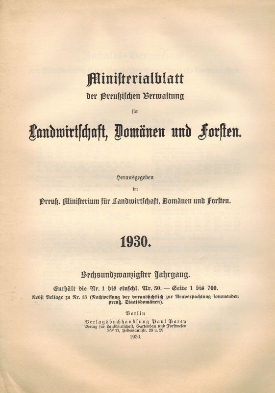 Ministerialblatt der Preußischen Verwaltung  für Landwirtschaft, Domänen und Forsten 26.Jahrgang 1930 