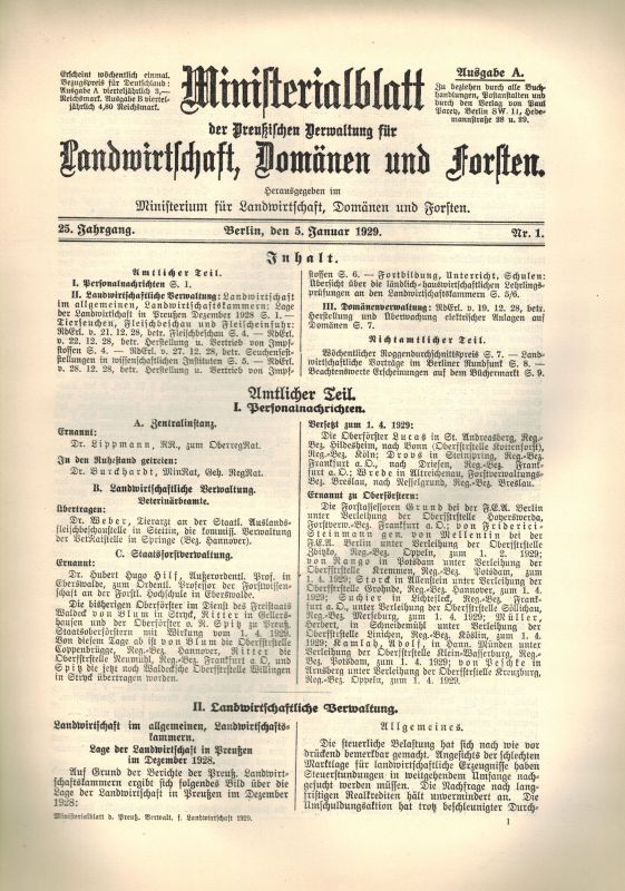 Ministerialblatt der Preußischen Verwaltung  für Landwirtschaft, Domänen und Forsten 25.Jahrgang 1929 