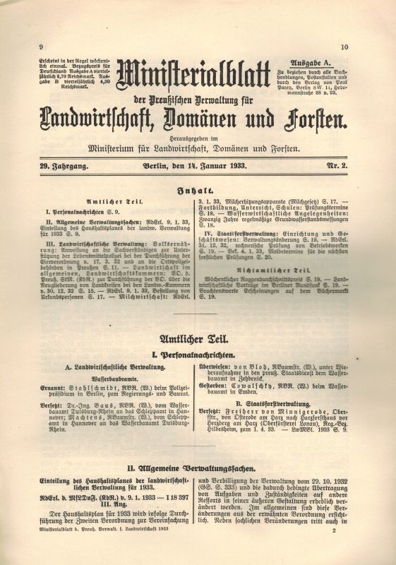 Ministerialblatt der Preußischen Verwaltung  für Landwirtschaft, Domänen und Forsten 29.Jahrgang 1933 