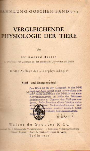 Herter,Konrad  Vergleichende Physiologie der Tiere.I:Stoff-und Energiewechsel 