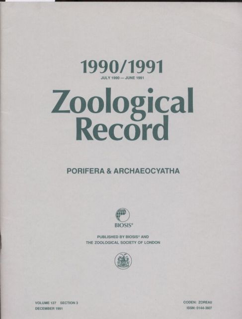 Zoological Record  Volume 127 - Porifera & Arachaeocyatha. Section 3. July 1990 bis 