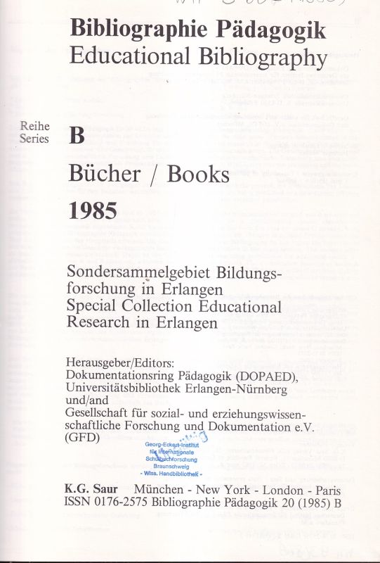 Dokumentationsring Pädagogik (Hsg.)  Bibliographie Pädagogik Reihe B Bücher 1985 