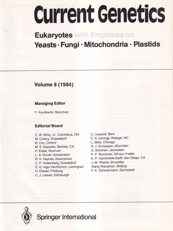 Current Genetics  Current Genetics Volume 8 (Jan.-July 1984) Ein Band 