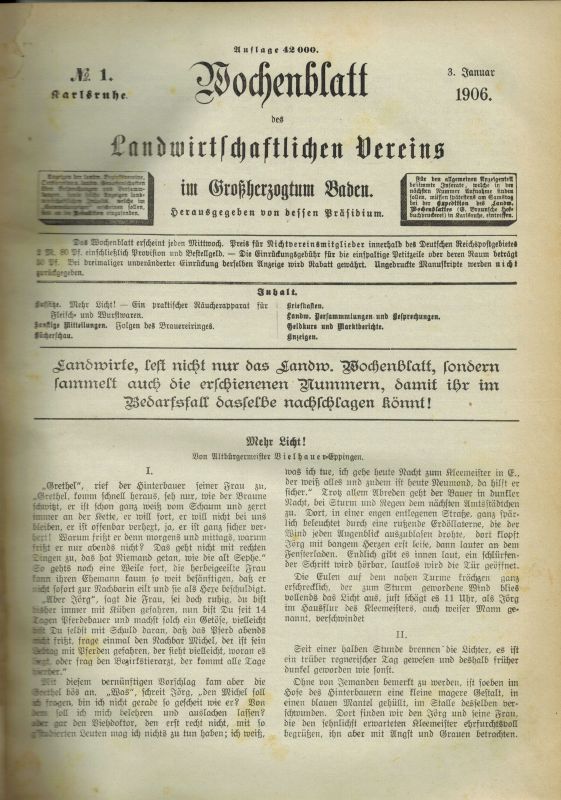 Großherzogtum Baden  Wochenblatt des Landwirtschaftlichen Vereins Jahr 1906 No 1 bis 52 