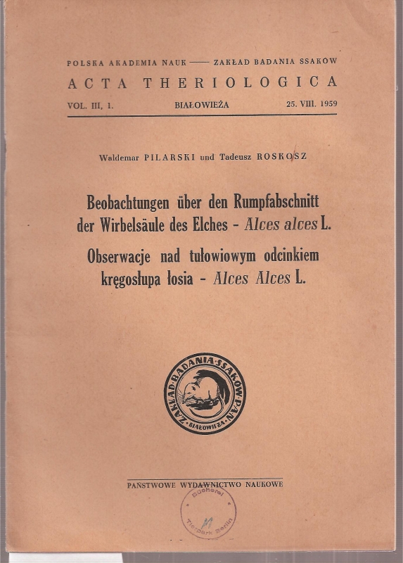 Pilarski,Waldemar+Tadeusz Roskosz  Beobachtungen über den Rumpfabschnitt der Wirbelsäule des Elches 