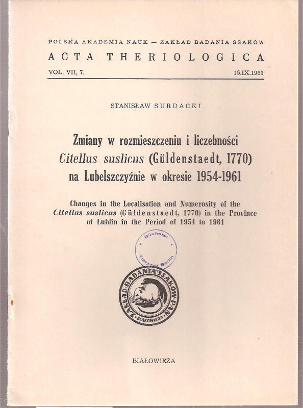 Surdacki,Stanislaw  Zmiany w rozmieszczeniu i liczebnosci Citellus suslicus (Güldenstaedt 