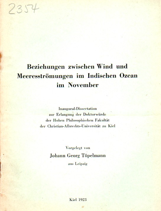 Töpelmann,Johann Georg  Beziehung zwischen Wind und Meersströmungen im Indischen Ozean im 