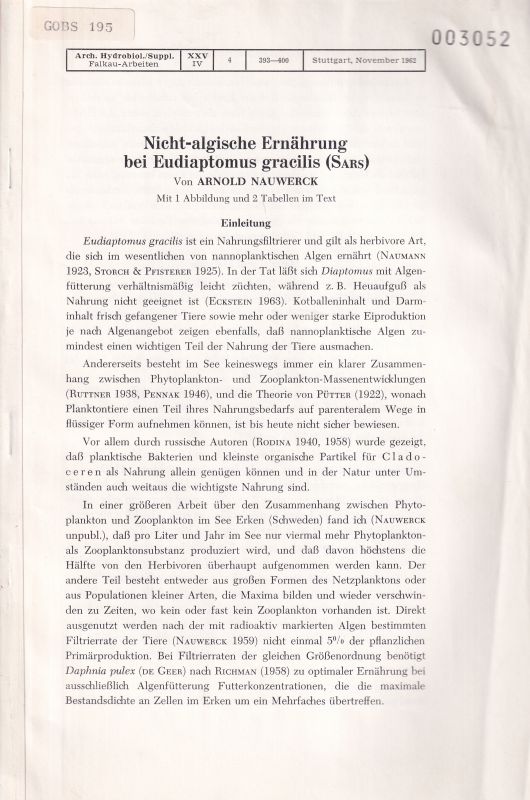 Nauwerk,Arnold  Nicht-algische Ernährung bei Eudiaptomus gracilis (Sars) 