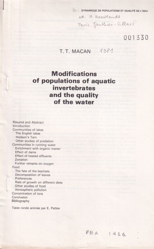 Macan,T.T.  Modifications of populations of aquatic invertebrates and the quality 