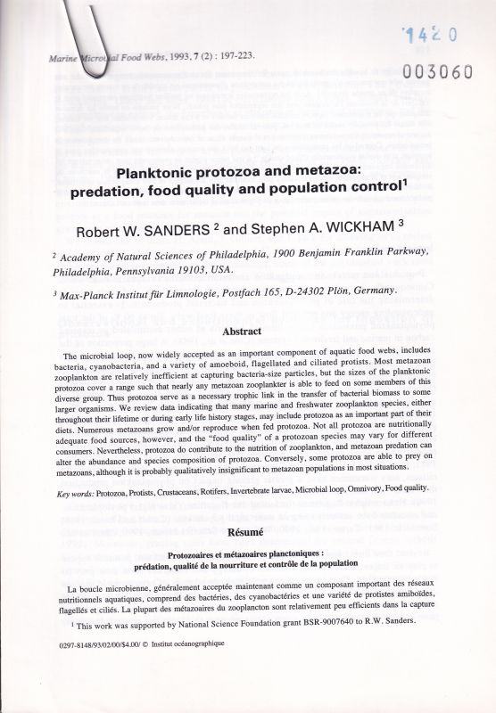 Sanders,Robert W. and Stephen A.Wickham  Planktonic protozoa amd metazoa: predation, food qualitiy and 