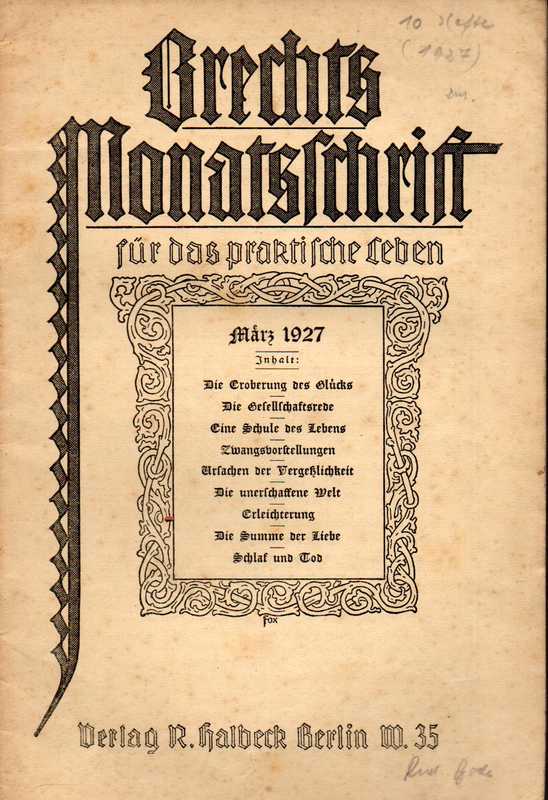 Brechts Monatsschrift für das praktische Leben  Brechts Monatsschrift für das praktische Leben 11.Jahrgang 1927 