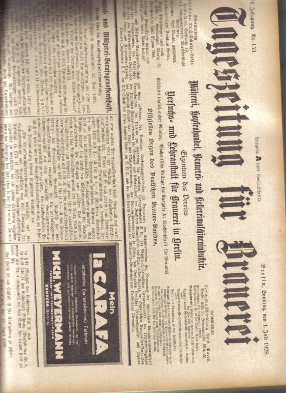 Versuchs- und Lehranstalt für Brauerei Berlin  Tageszeitung für Brauerei Jahrgang XXVI. 1928. Erstes und Zweites 