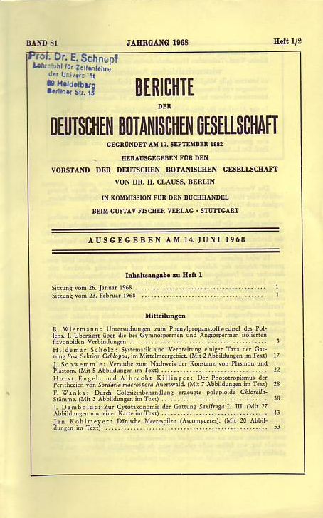 Deutsche Botanische Gesellschaft  Band 81.Jahrgang 1968.Heft 1/2 bis 12 (10 Hefte) 