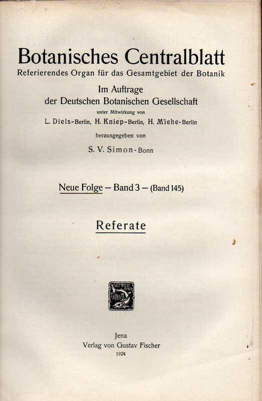 Botanisches Centralblatt  Neue Folge Band 3 (Band 145) 1924 Heft 1-14/15 