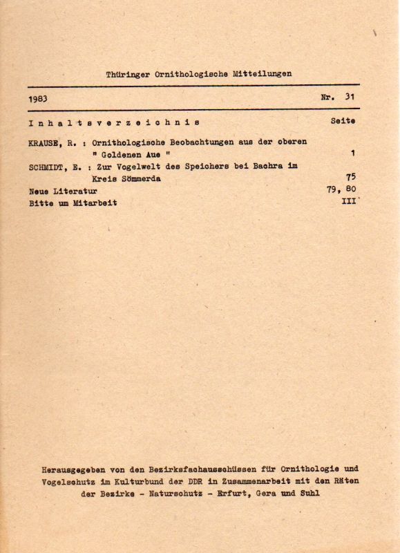 Thüringer Ornithologische Mitteilungen  Thüringer Ornithologische Mitteilungen Nr. 31. 1983 