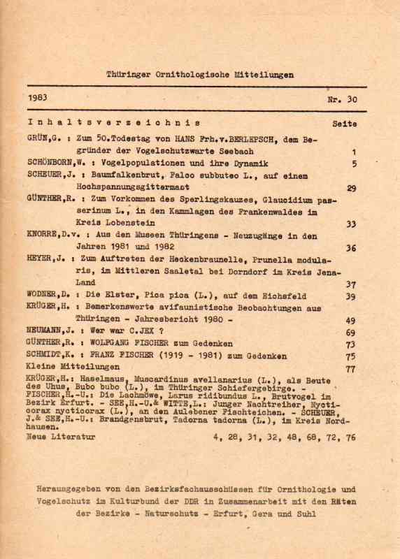 Thüringer Ornithologische Mitteilungen  Thüringer Ornithologische Mitteilungen Nr.30.1983 