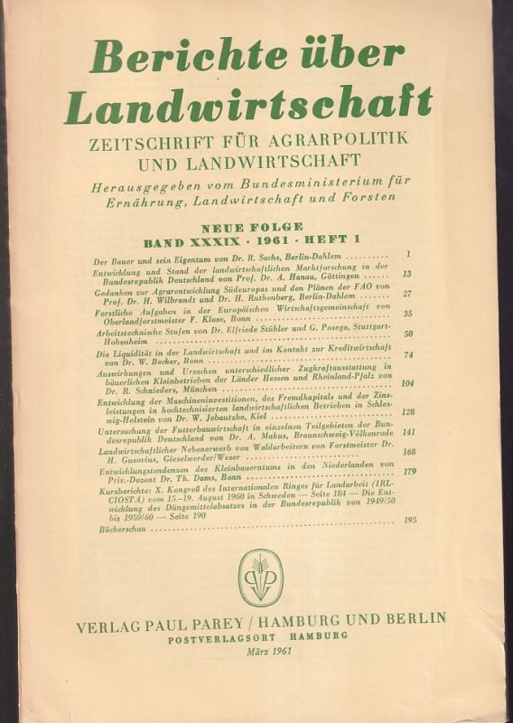 Berichte über Landwirtschaft  Berichte über Landwirtschaft Neue Folge Band XXXIX, 1961 Heft 1 