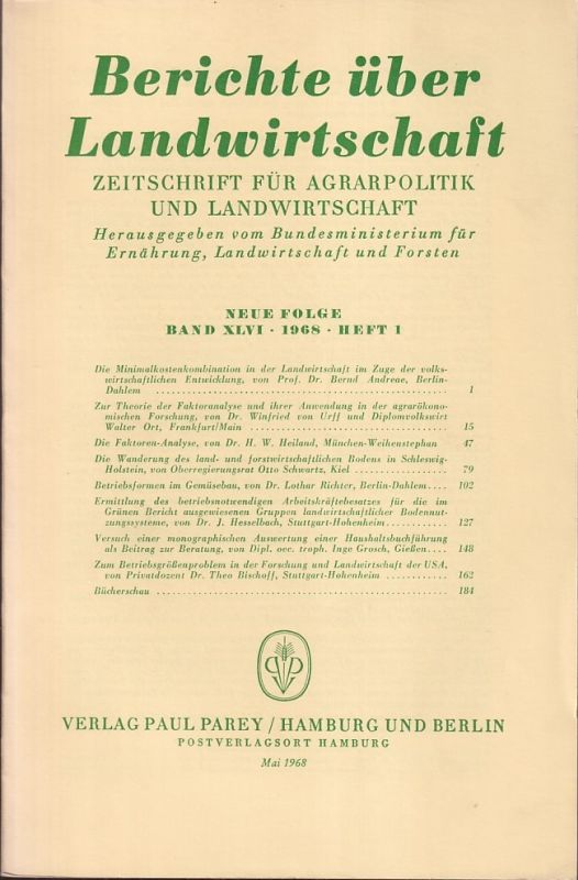 Berichte über Landwirtschaft  Berichte über Landwirtschaft Neue Folge Band XLVI, 1968 Heft 1 