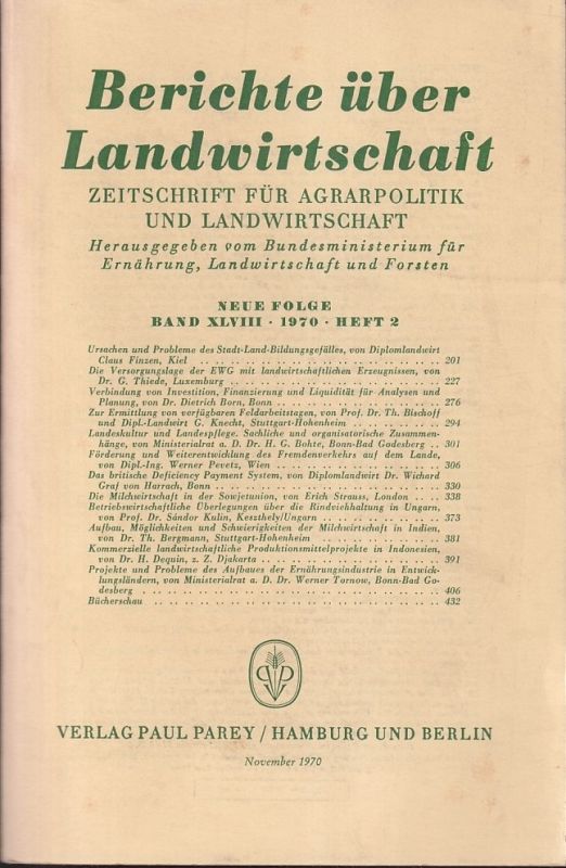 Berichte über Landwirtschaft  Berichte über Landwirtschaft Neue Folge Band XLVIII, 1970 Heft 2 