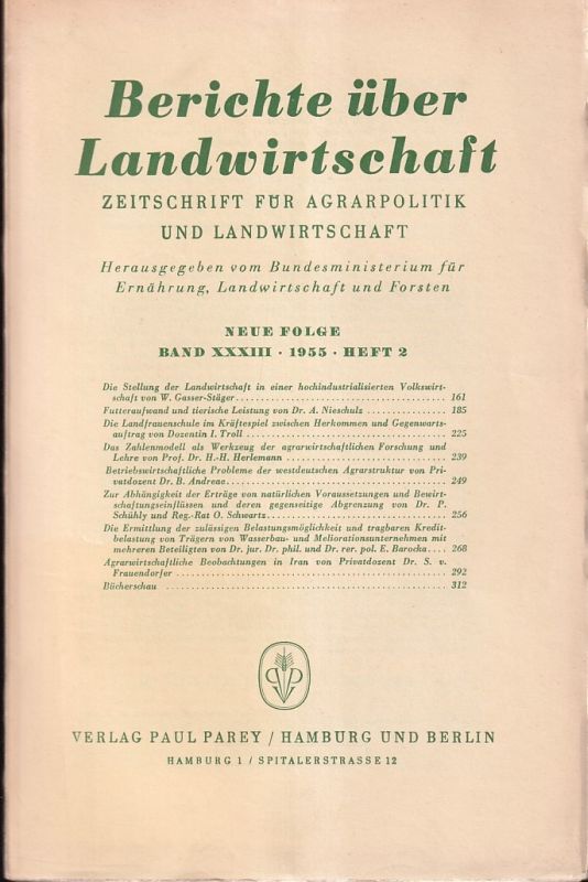 Berichte über Landwirtschaft  Berichte über Landwirtschaft Neue Folge Band XXXIII, 1955, Heft 2 