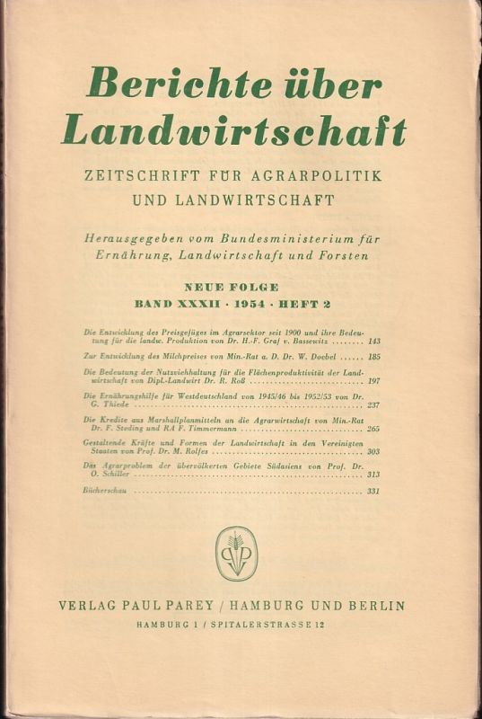 Berichte über Landwirtschaft  Berichte über Landwirtschaft Neue Folge Band XXXII, 1954, Heft 2 