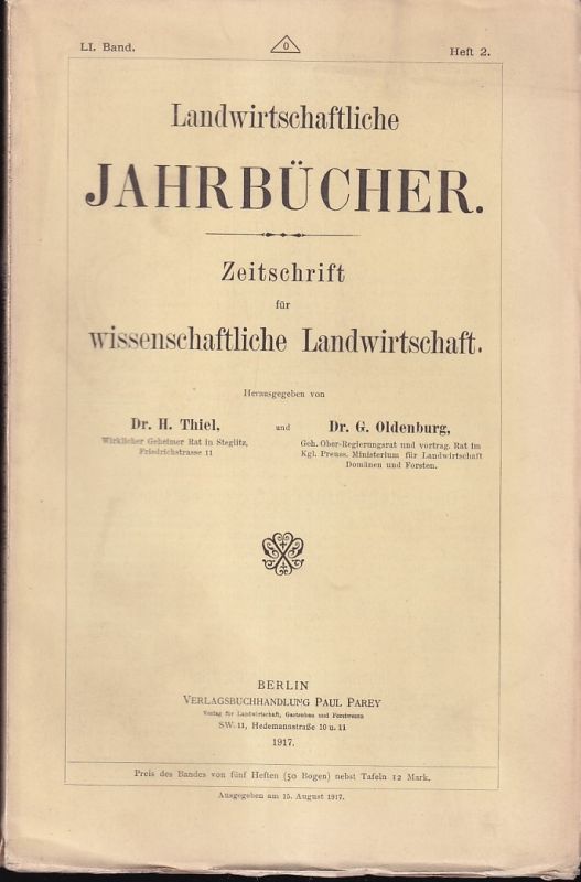Landwirtschaftliche Jahrbücher  Landwirtschaftliche Jahrbücher LI.Band 1917 Heft 2 (1 Heft) 