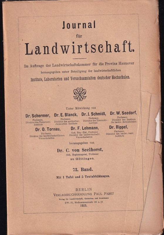 Journal für Landwirtschaft  Journal für Landwirtschaft 73.Band 1925 (1 Band) 