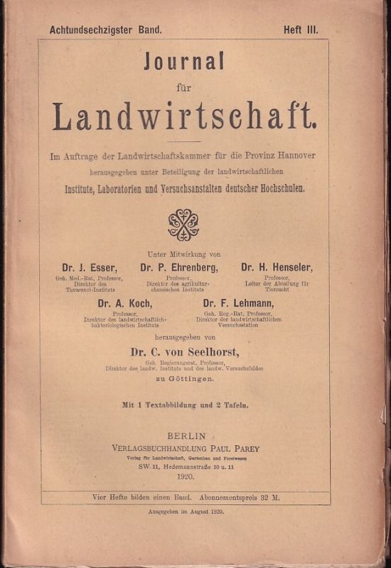Journal für Landwirtschaft  Journal für Landwirtschaft 68.Band 1920 Heft I bis III (3 Hefte) 
