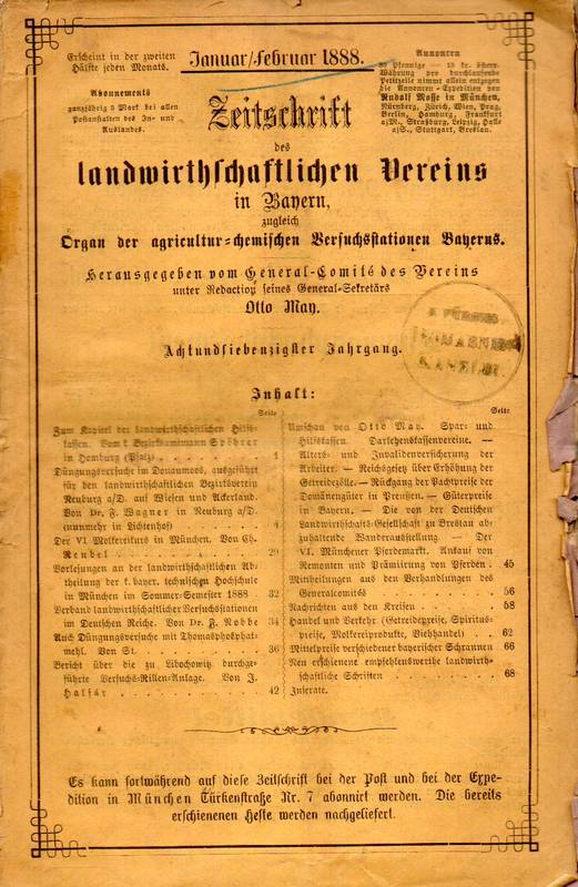 Landwirthschaftlicher Verein in Bayern  Zeitschrift.78.Jahrgang 1888.Hefte Januar/Februar bis Dezember 