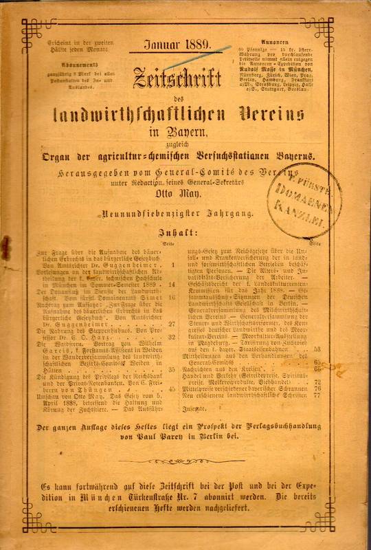 Landwirthschaftlicher Verein in Bayern  Zeitschrift.79.Jahrgang 1889.Hefte Januar bis November/Dezember 