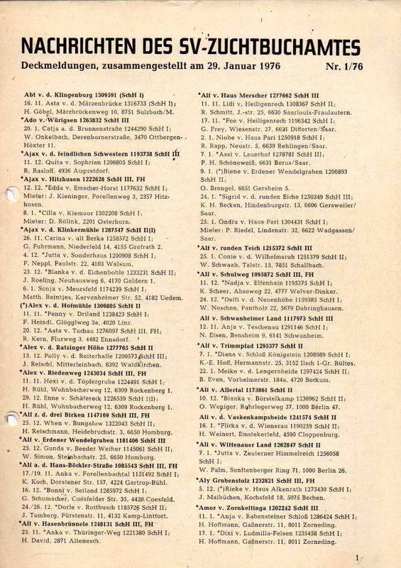 Verein für Deutsche Schäferhunde (SV)  Nachrichten des Zuchtbuchamtes Jahr 1976 