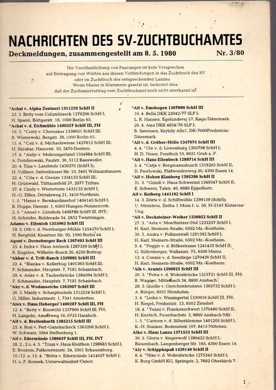 Verein für Deutsche Schäferhunde (SV)  Nachrichten des Zuchtbuchamtes Jahr 1980 