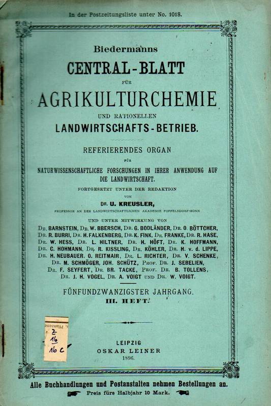 Biedermanns Central-Blatt für Agrikulturchemie  und rationellen Landwirtschafts-Betrieb.25.Jg.1894.Heft III bis XI 