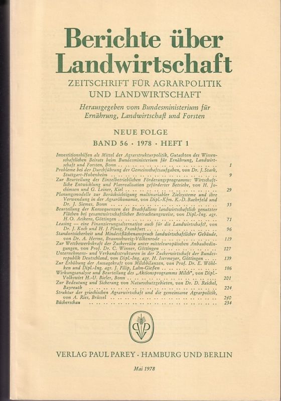 Berichte über Landwirtschaft  Berichte über Landwirtschaft Neue Folge Band 56, 1978 Heft 1 (1 Heft) 