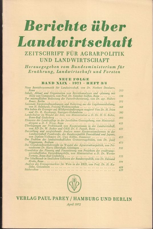 Berichte über Landwirtschaft  Berichte über Landwirtschaft Neue Folge Band XLIX, 1971 Heft 3/4 