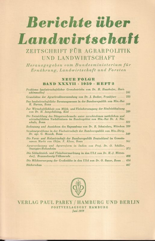 Berichte über Landwirtschaft  Berichte über Landwirtschaft Neue Folge 37.Band 1959 Heft 2 