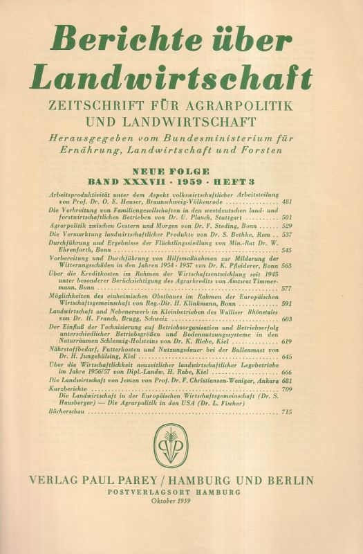 Berichte über Landwirtschaft  Berichte über Landwirtschaft Neue Folge 37.Band 1959 Heft 3 