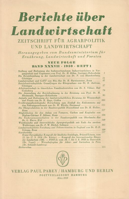 Berichte über Landwirtschaft  Berichte über Landwirtschaft Neue Folge 37.Band 1959 Heft 1 