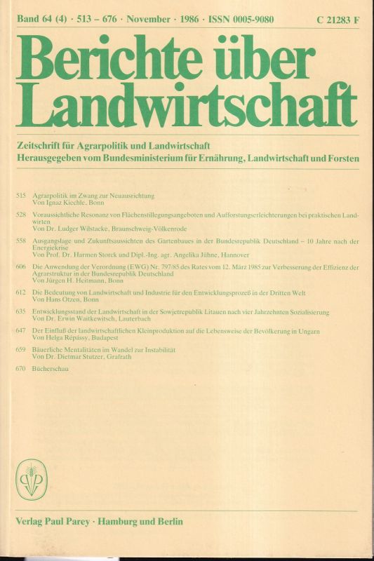 Berichte über Landwirtschaft  Berichte über Landwirtschaft 64.Band 1986 Heft 4 