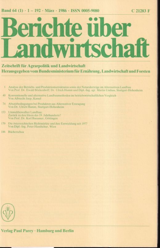 Berichte über Landwirtschaft  Berichte über Landwirtschaft 64.Band 1986 Heft 1 