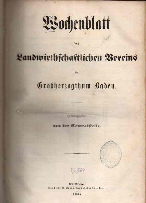 Baden,Großherzogthum  Wochenblatt des Landwirthschaftlichen Vereins Jg.1865 