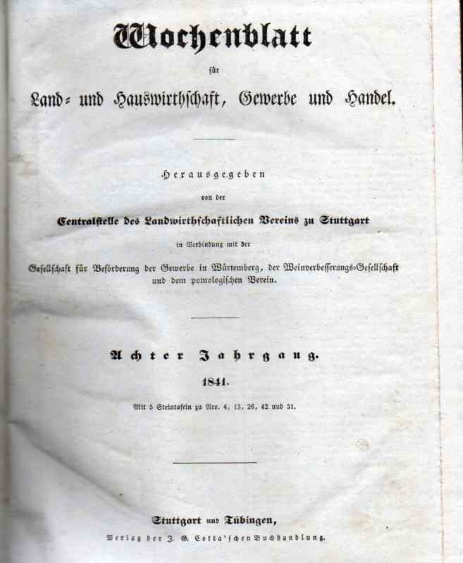 Stuttgart, Landwirthschaftlicher Verein  Wochenblatt für Land- und Hauswirthschaft, Gewerbe und Handel 1841 