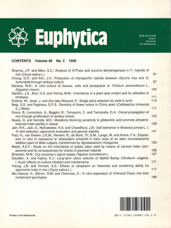 Euphytica  Euphytica Volume 48, 1990 No. 1 bis 3 (3 Hefte) 